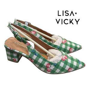 Lisa Vicky Zee-V Green Checked Cherry Women's Slingback Shoes 6
